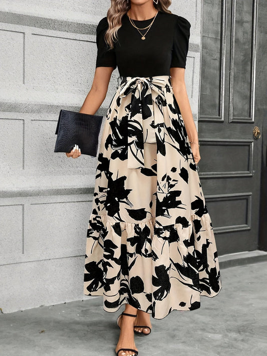 AuraDrapes Women's Flowing Floral Maxi Dress with Tie-Waist