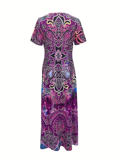 LaraGrace Bohemian Ethnic Maxi Dress for Women – V-Neck with Short Sleeves