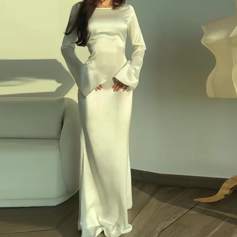 RegalCharm Satin Maxi Dress with Elegant Long Sleeves for Women