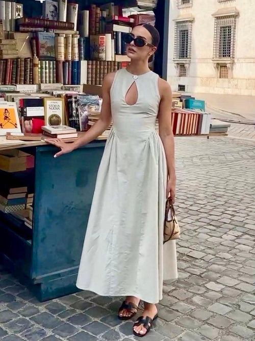 ClaraGrace Cotton-Linen Maxi Dress with Elegant Cut-Out Detailing