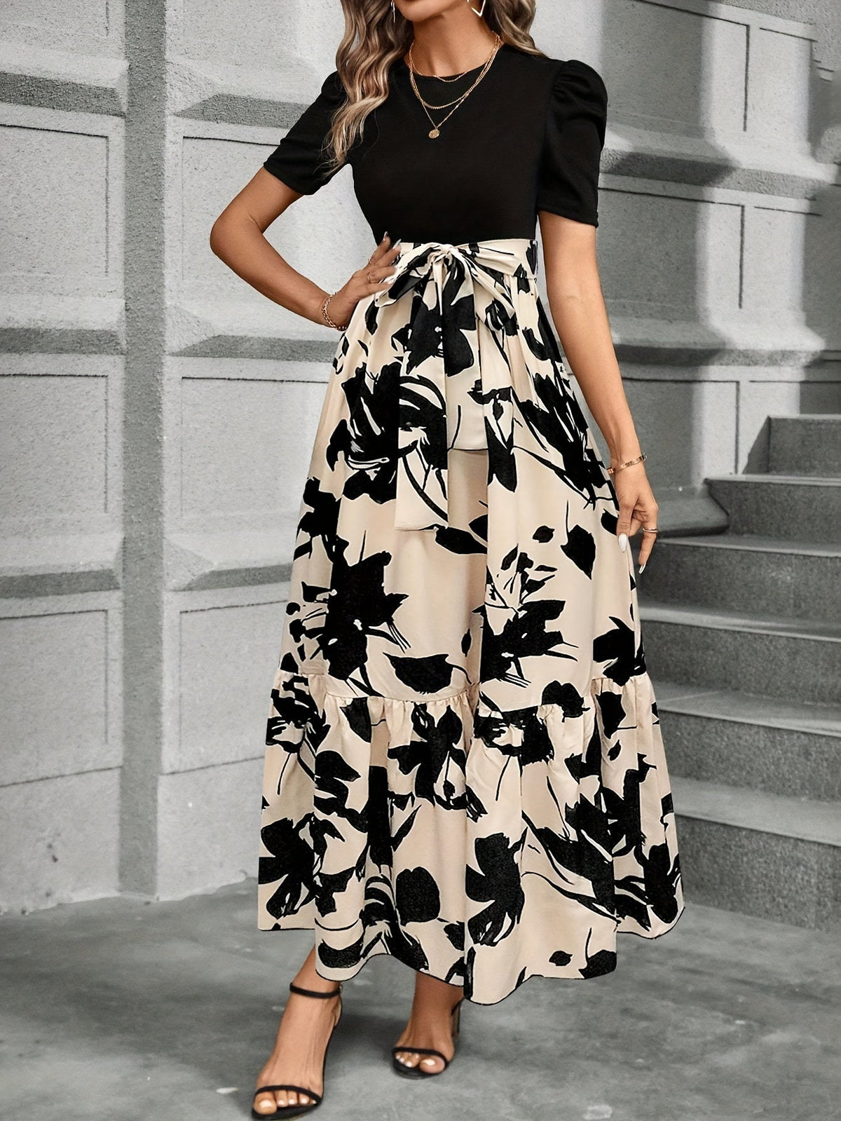 AuraDrapes Women's Flowing Floral Maxi Dress with Tie-Waist