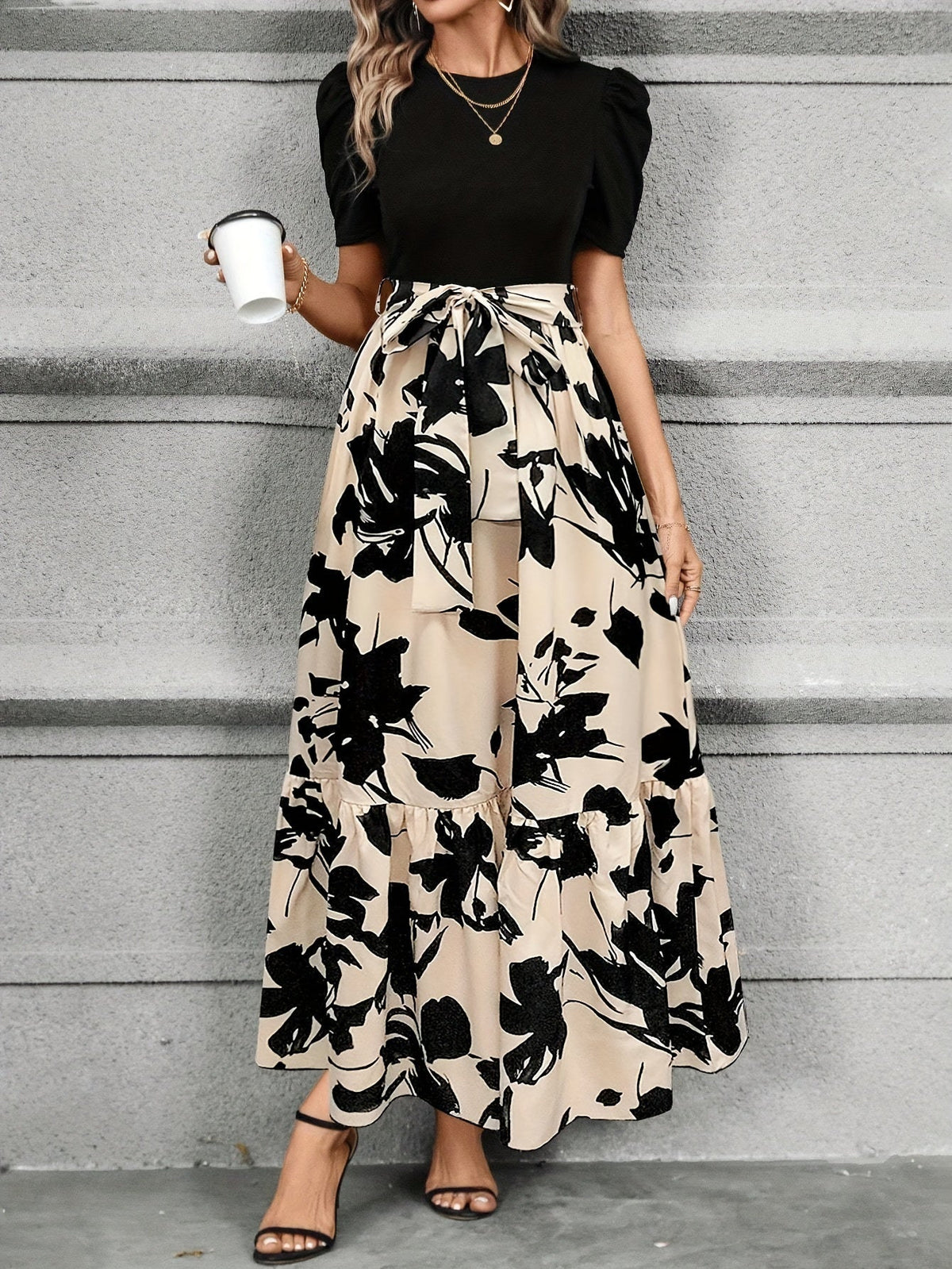 AuraDrapes Women's Flowing Floral Maxi Dress with Tie-Waist