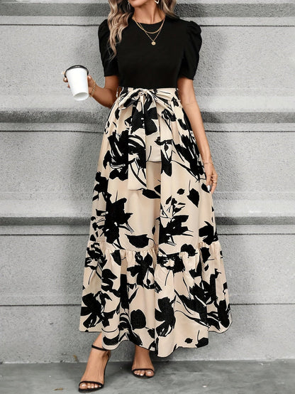AuraDrapes Women's Flowing Floral Maxi Dress with Tie-Waist
