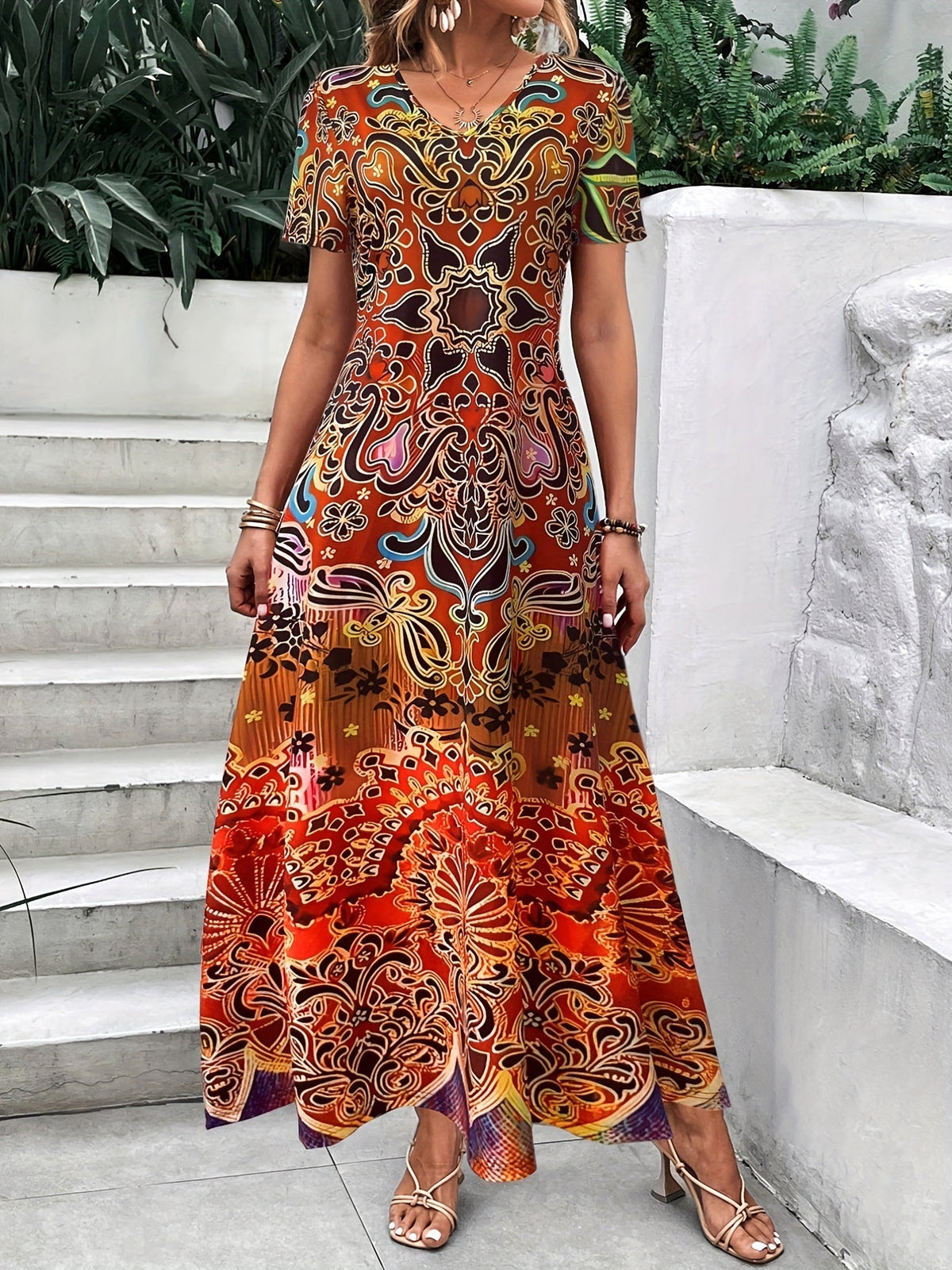 LaraGrace Bohemian Ethnic Maxi Dress for Women – V-Neck with Short Sleeves