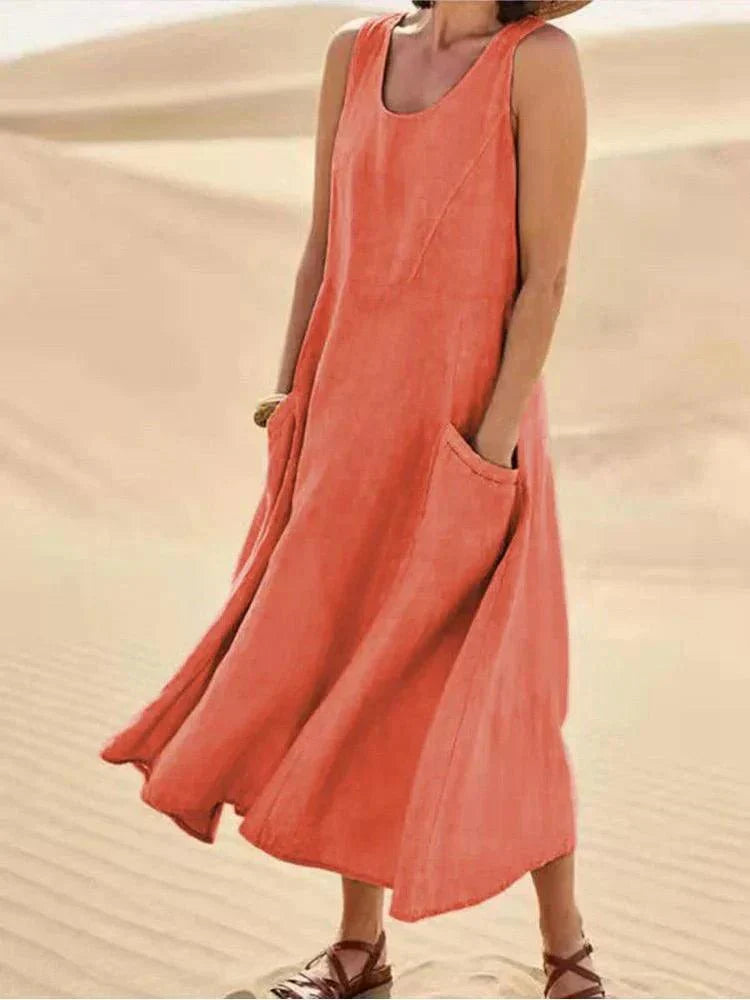BellaChic Women's Linen Maxi Dress with Handy Pockets