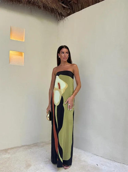 EcoChic Avocado Print Strapless Maxi Dress – Perfect Off-Shoulder Summer Attire for Women