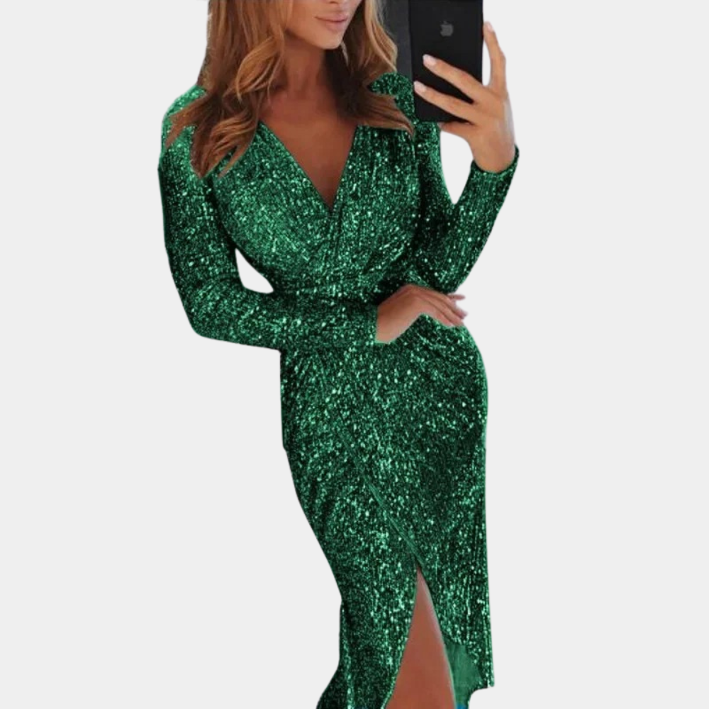Kensington Charm Silver Sequin Gown with Draping and High Slit for Evening Events