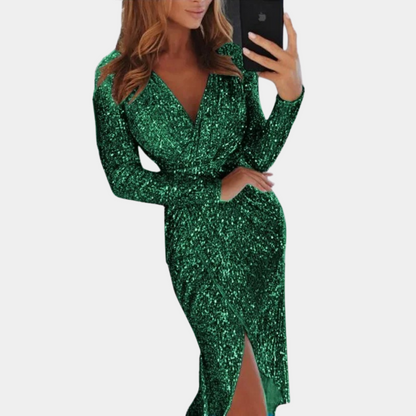 Kensington Charm Silver Sequin Gown with Draping and High Slit for Evening Events