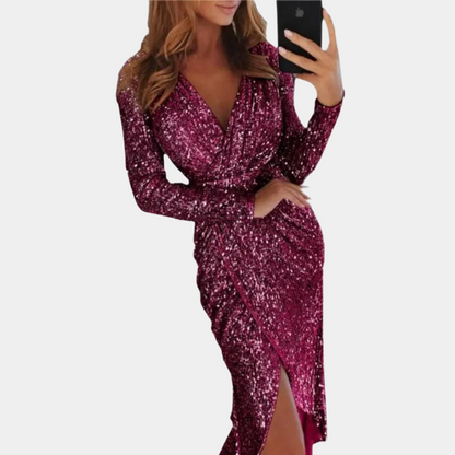 Kensington Charm Silver Sequin Gown with Draping and High Slit for Evening Events
