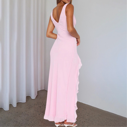 BelleFemme Elegant Sleeveless V-Neck Dress with High-Low Hem