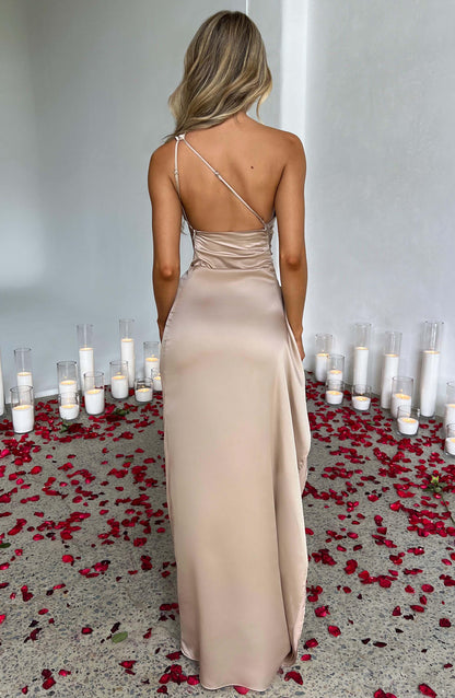 Celia Elegance Women's Satin Maxi Dress with Chic Side Slit