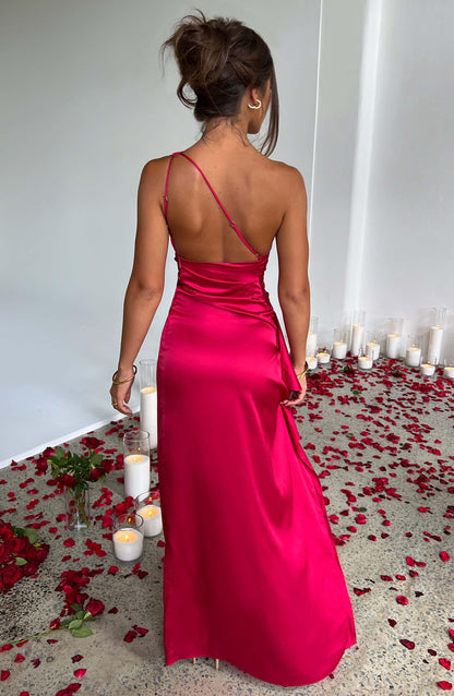 Celia Elegance Women's Satin Maxi Dress with Chic Side Slit