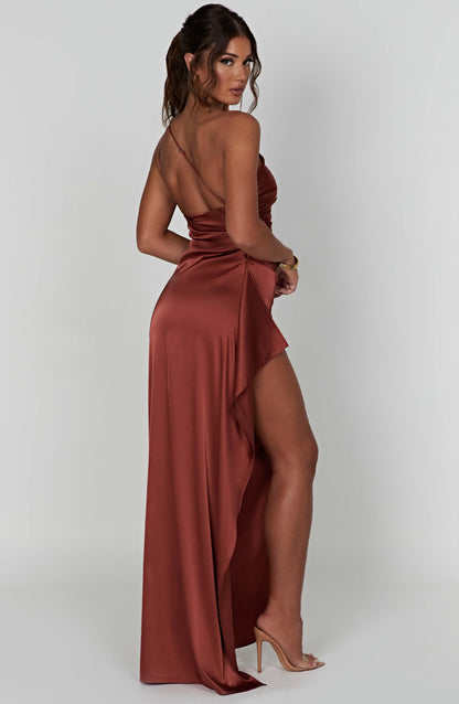 Celia Elegance Women's Satin Maxi Dress with Chic Side Slit