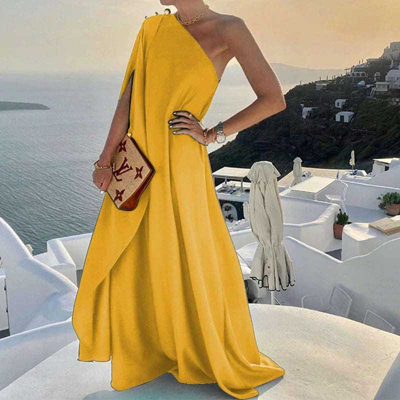EleganceUnveiled Women's Draped One-Shoulder Maxi Dress