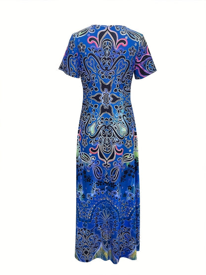 LaraGrace Bohemian Ethnic Maxi Dress for Women – V-Neck with Short Sleeves