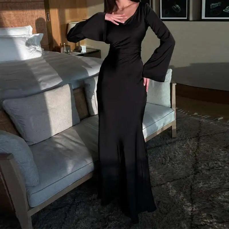 RegalCharm Satin Maxi Dress with Elegant Long Sleeves for Women