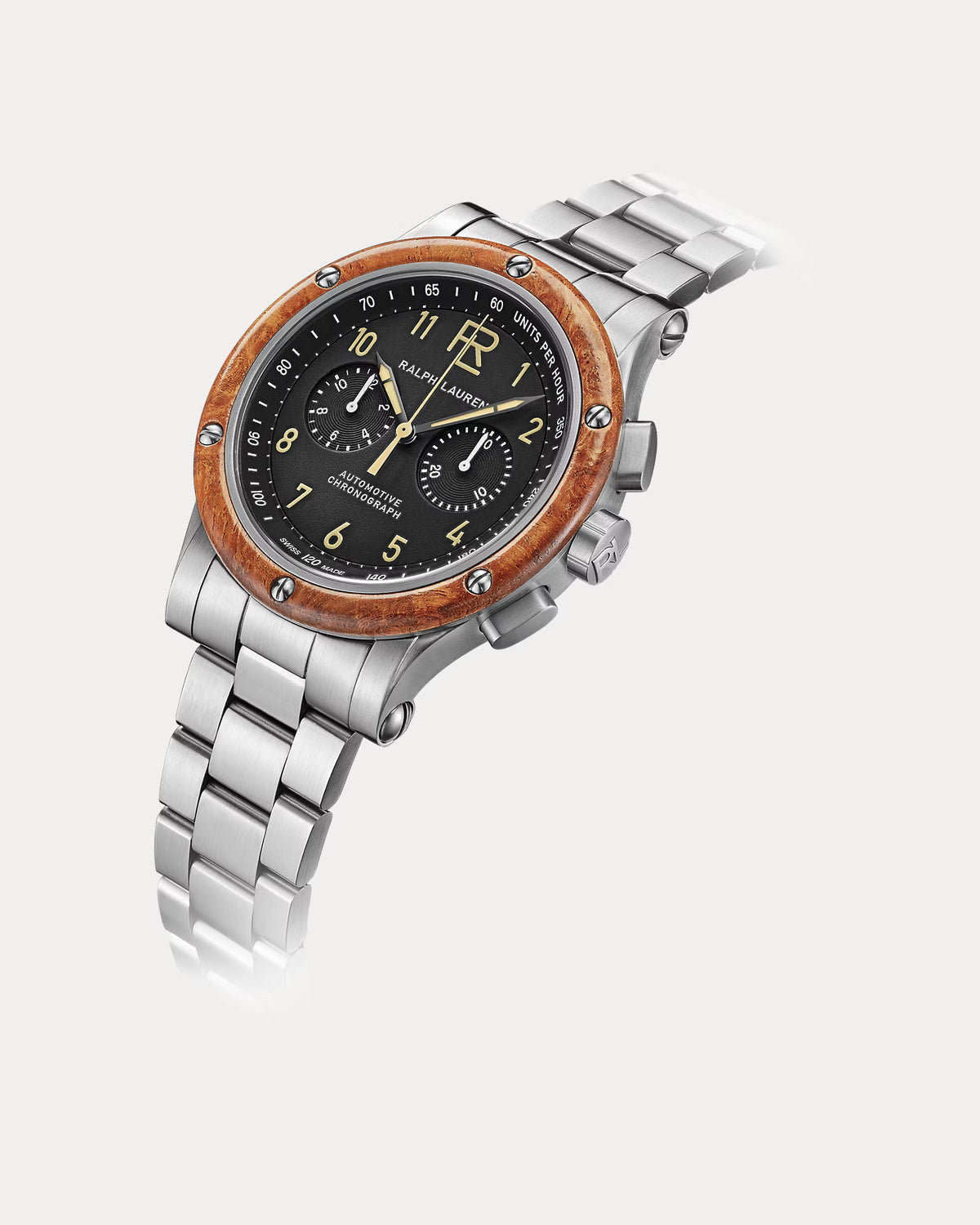 Reloj Cronógrafo con bisel de madera y caja de acero, 42 mm.