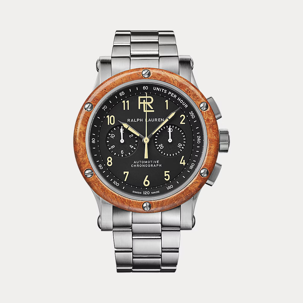 Reloj Cronógrafo con bisel de madera y caja de acero, 42 mm.
