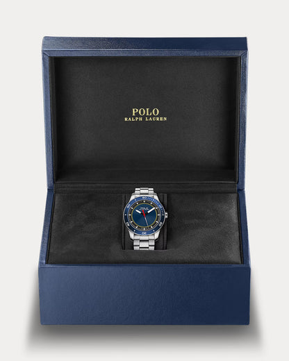 Reloj Ꮲolo Sport de acero de 42 mm con bisel azul.