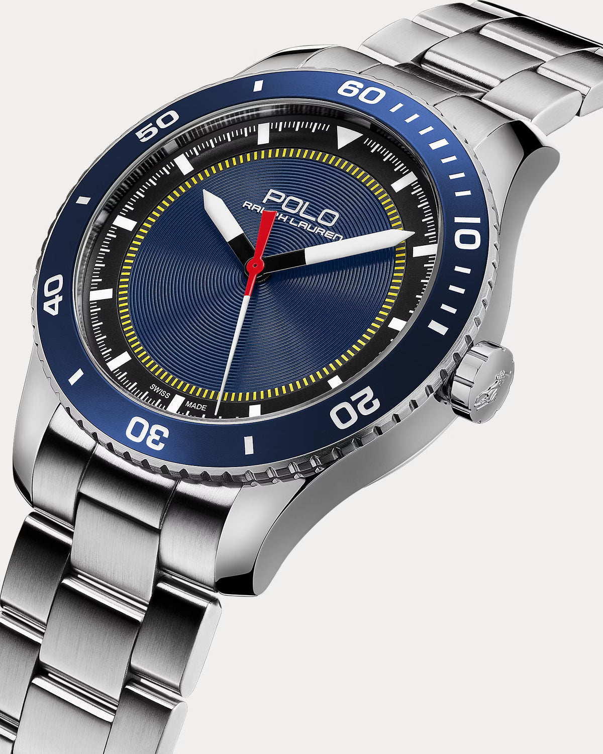 Reloj Ꮲolo Sport de acero de 42 mm con bisel azul.