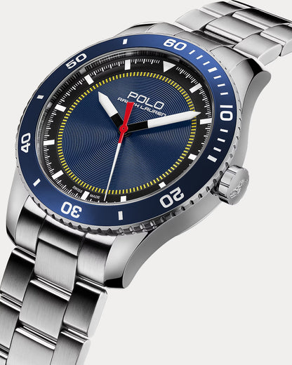 Reloj Ꮲolo Sport de acero de 42 mm con bisel azul.