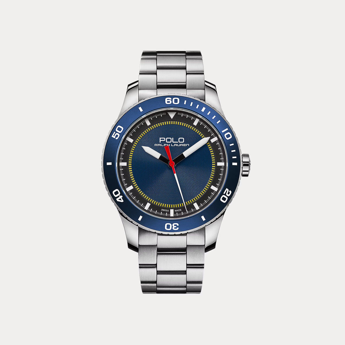 Reloj Ꮲolo Sport de acero de 42 mm con bisel azul.