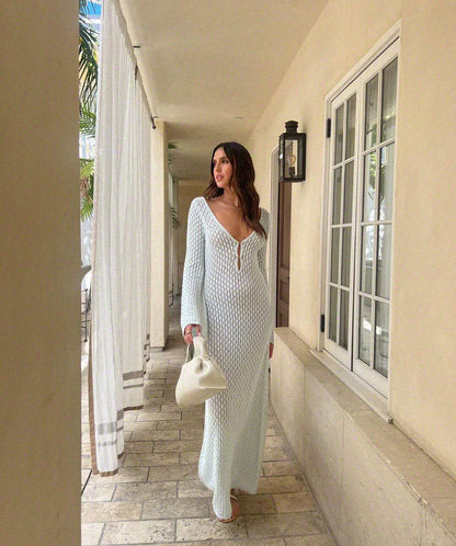 EllaAura Elegant V-Neck Sheer Evening Dress